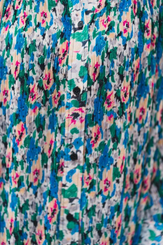 Pleated Georgette Mini Shirt Dress Floral Azure Blue 