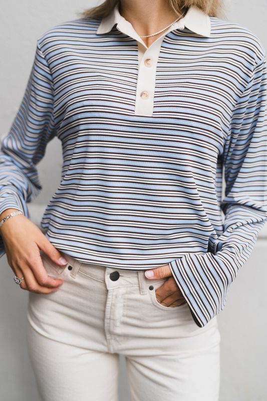 Lirenne Striped Polo Blouse Light Blue 