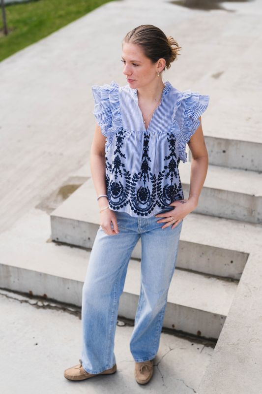Jayla Stripe Embroidery Top Blue 