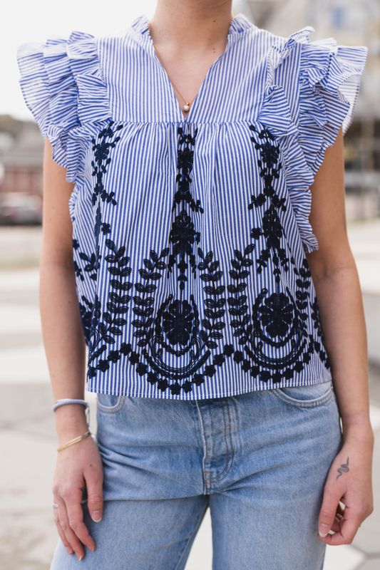 Jayla Stripe Embroidery Top Blue 