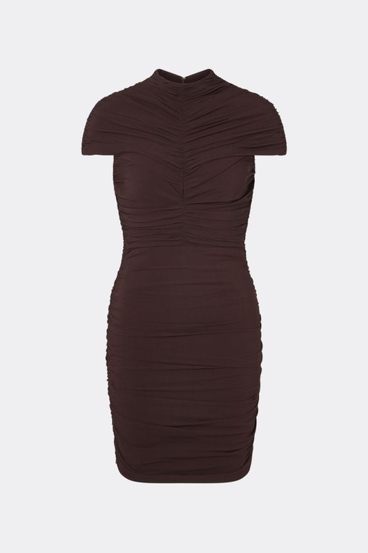 Loana Draped Chiffon Mini Dress Espresso 
