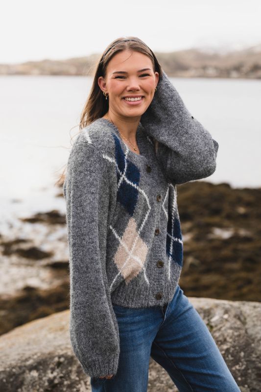 Beleney Small Check Fluff Cardigan Dark Grey 