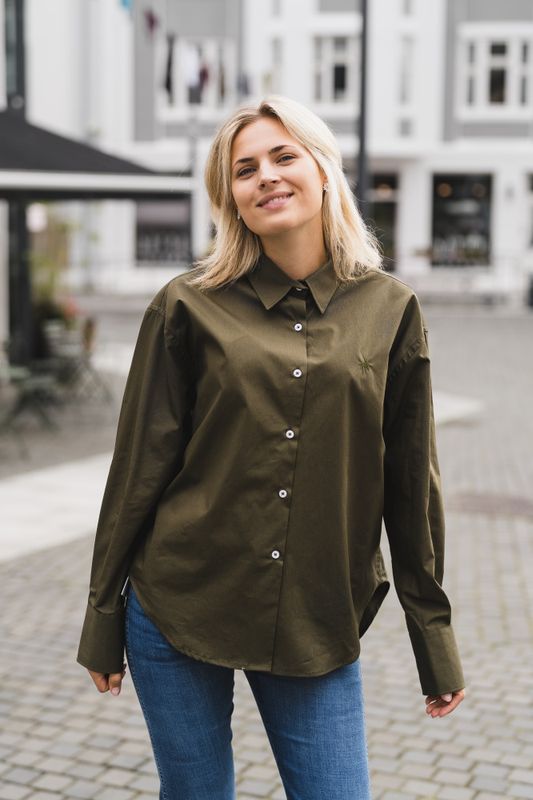 Caryn Poplin Khaki Dark Forest