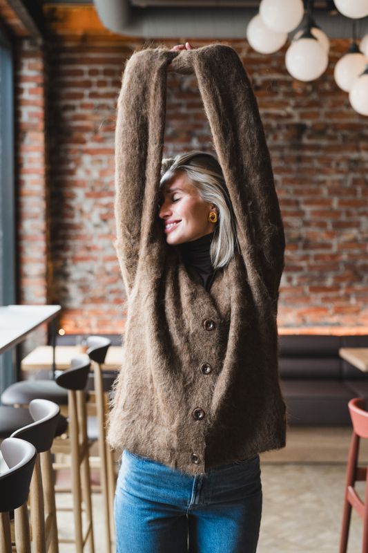 Hairy Knit V-Neck Jacket Brown 