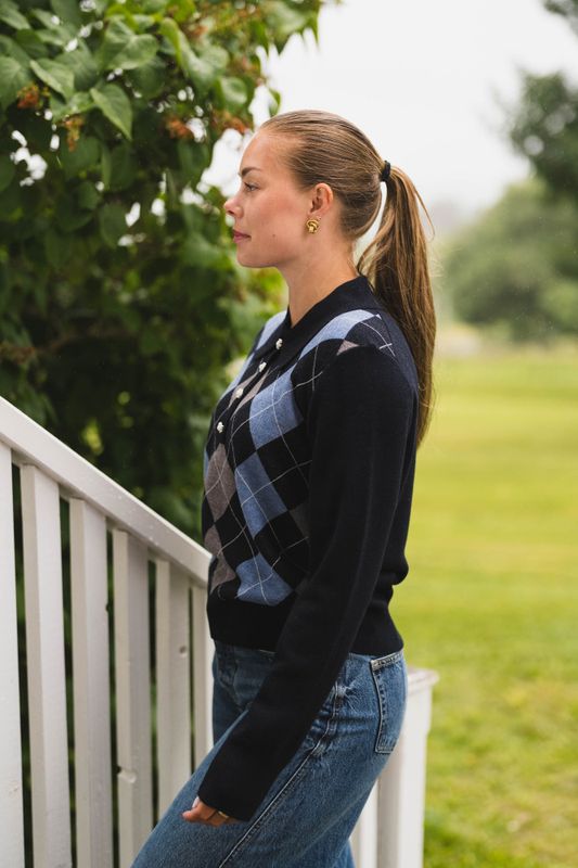 Julina Check Knit Blouse Navy 