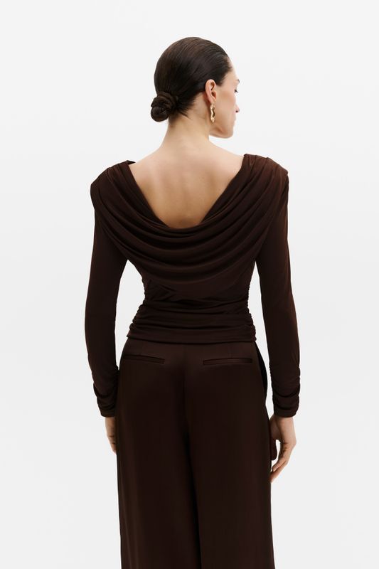 Signe Cowl Neck Jersey Top Dark Brown 