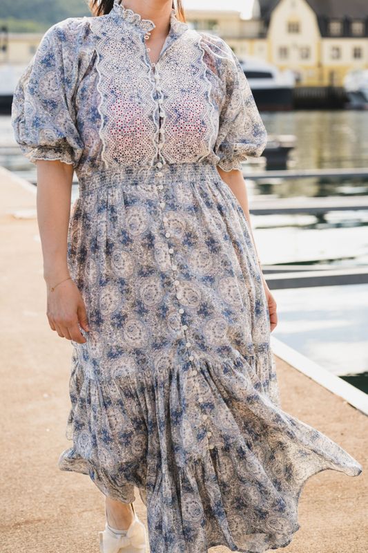 Cotton Slub Midi Dress Blue Paisley 
