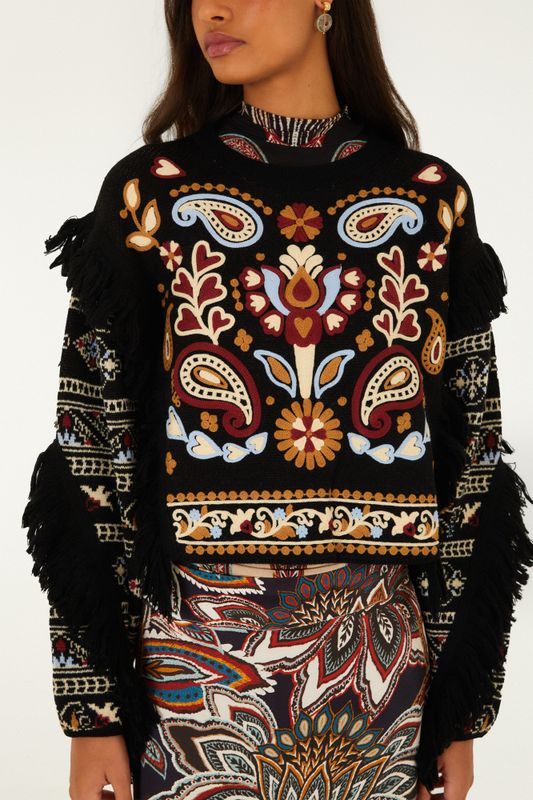Love Paisley Cornelli Knit Fringe Sweater Black 