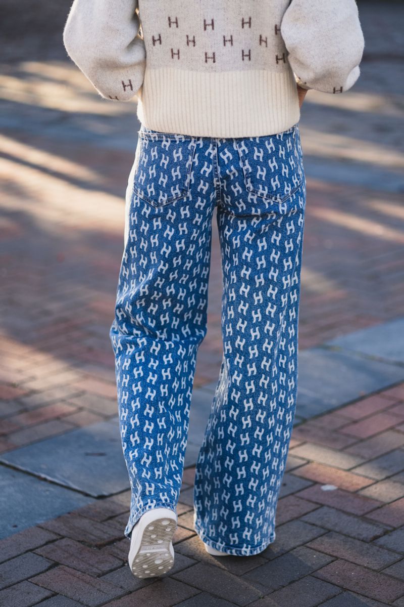 Megan Wide Leg Printed Jeans Blue 