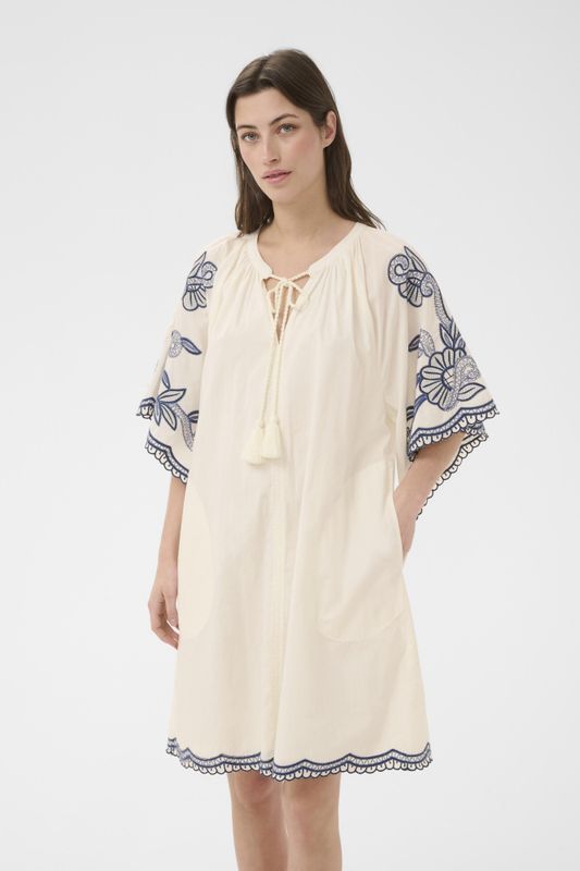 Breanna Dress Whisper White W Blue Emb