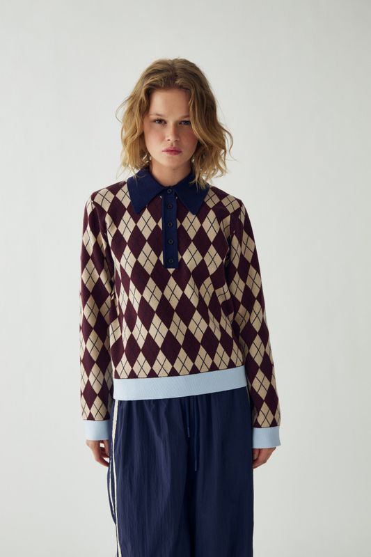 Makayla Knit Diya Burgundy Check