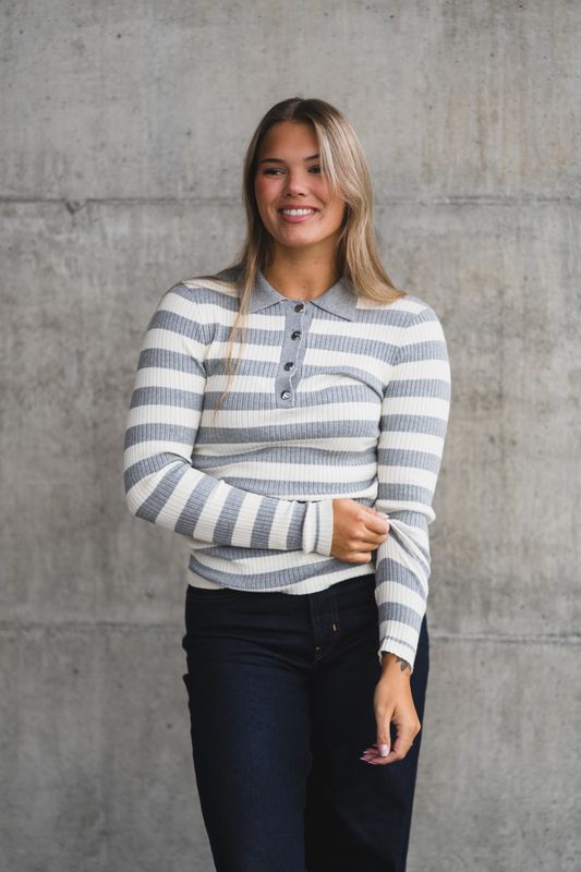 Bonny Stripe L/S Polo Knit Light Grey 