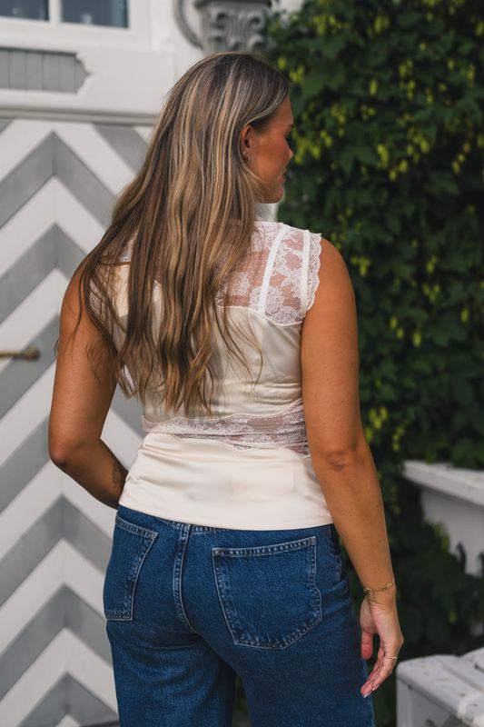 Desire Lace Trimmed Cut Out Top Vanilla 