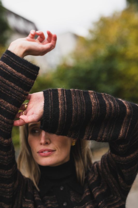 Olivia Wool Polo Sweater Brown Stripe 