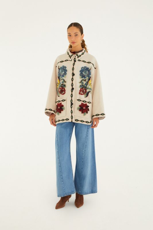 Lunar Boho Cropped Fleece Coat Cream 