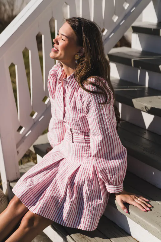 Seersucker Pleated Dress Pink Stripe 