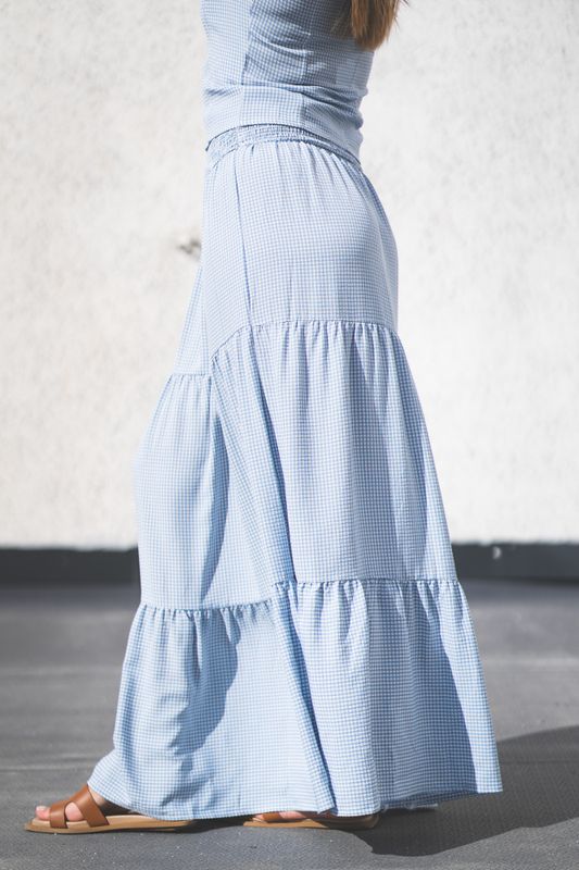 Mari Long Skirt Light Blue Checked 