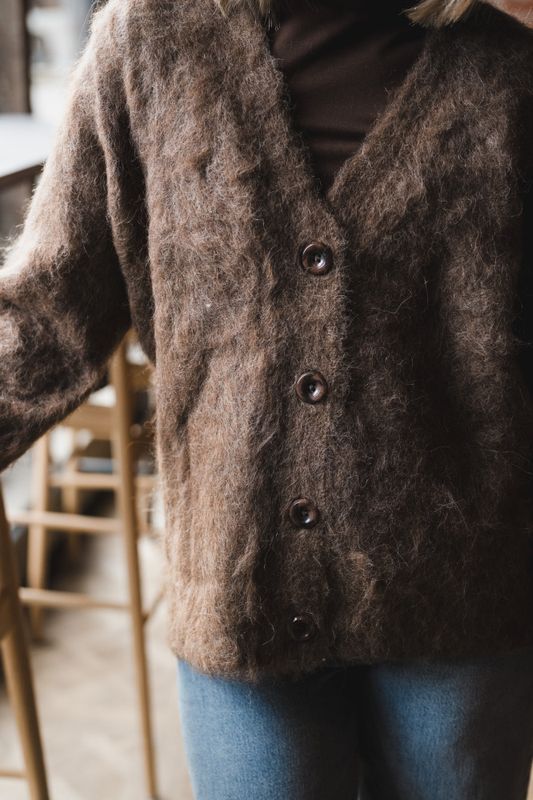 Hairy Knit V-Neck Jacket Brown 