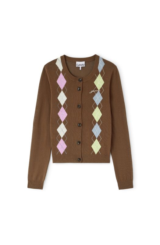 Light Cotton Argyle Cardigan Tiramisu