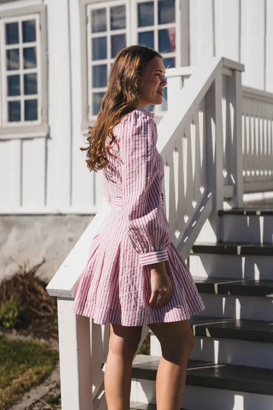 Seersucker Pleated Dress Pink Stripe 