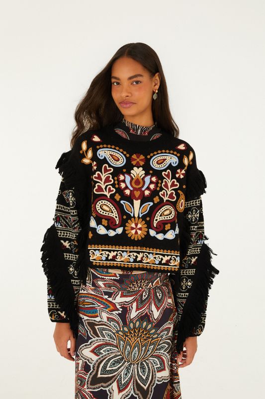 Love Paisley Cornelli Knit Fringe Sweater Black 