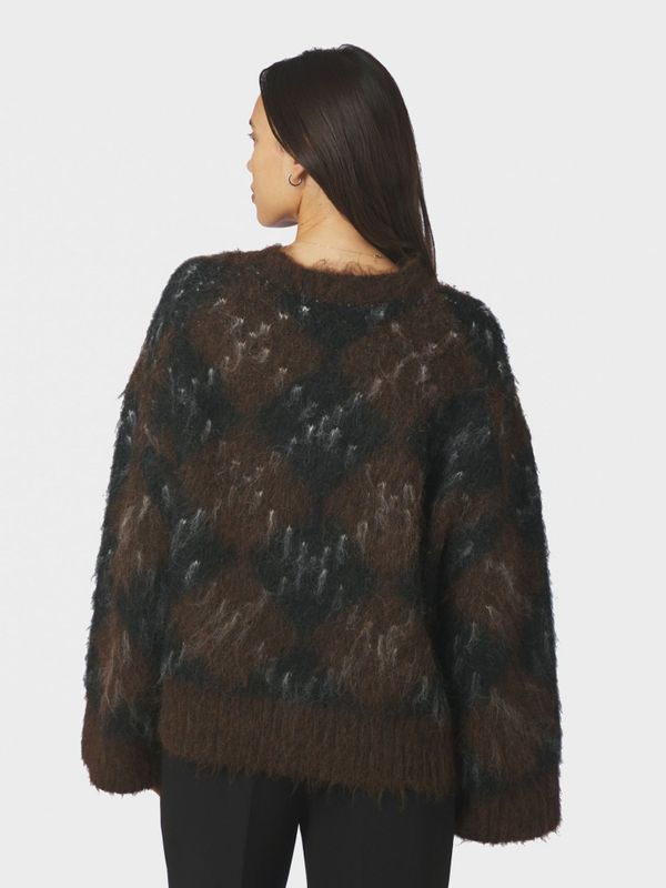 Roeme Check Fluffy Knit Blouse Dark Brown 