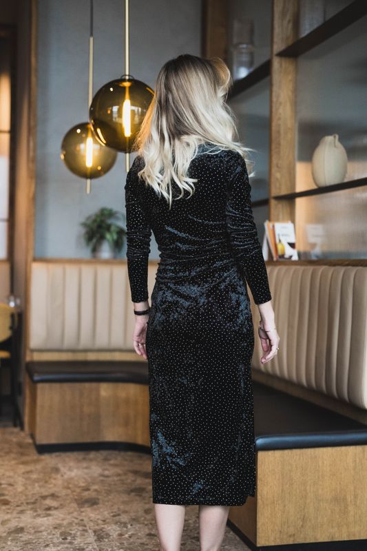 Tilla LS Velvet Long Dress Black W/Rhinestones 