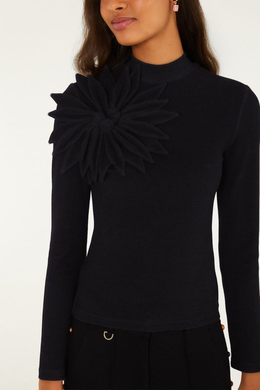 Long Sleeve Flower Top Black 